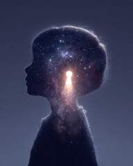 Obraz premium Silhouette of a Little Boy Face with Glowing Galaxy and Stars Projecting from his Mind: Concept of Limitless Imagination, Dreaming, Future Vision, and Space Exploration