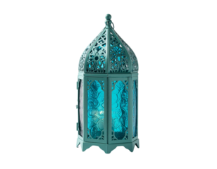 Ornate Teal Moroccan Lantern with Intricate Metalwork and Glass Panels.