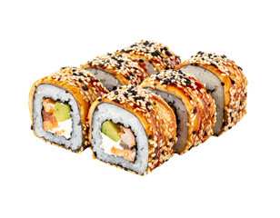 Delicious Sushi Roll with Sesame Seeds and Avocado. © burhan