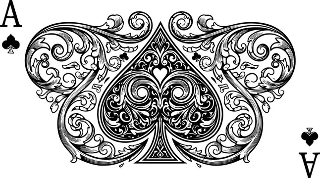 An ace of spades filigree symbol abstract playing card scroll pattern design motif in a vintage etched style
