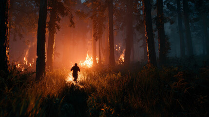 Fototapeta premium Forested landscape with dense trees engulfed in raging wildfire, glowing flames illuminating dark night, intense orange and red hues, smoke rising from burning foliage