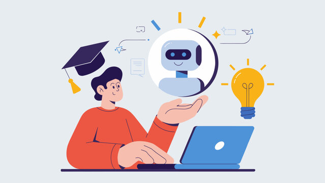 student using an ai tutor on a laptop, vector illustration for ai in education and personalized learning - Powered by Adobe