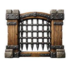 Rustic Medieval Prison Gate With Iron Bars And Chains On Wooden Posts