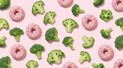 Healthy and unhealthy food pattern with  broccoli and donuts.  Food choices,  sugar, carbohydrates, vegetables, fast food, fiber, vitamins concept. 
