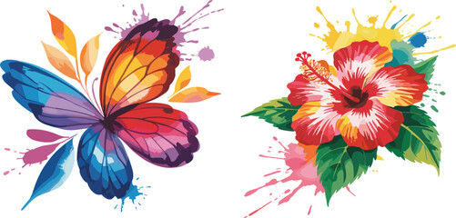 Colorful Watercolor Butterfly and Hibiscus Flower Set Featuring Artistic Paint Splatter Nature-Themed Graphic Designs