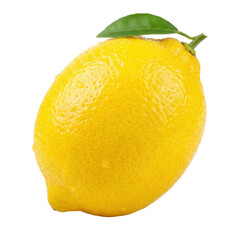 Single Bright Yellow Lemon with Green Leaf and Water Droplets on Transparent Background