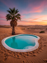 Desert oasis with palm tree and turquoise pool at sunset, peaceful and surreal