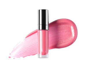 Pink Lip Gloss Tube with Swatch on White Background.