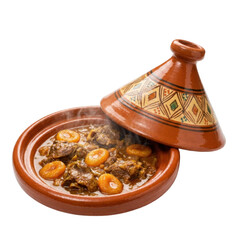Traditional Moroccan Lamb Tagine With Apricots In A Clay Pot Steaming Hot