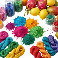 Vibrant Rainbow Hues Of Powder Dyes And Colorful Yarn Spools With Exotic Fruits On Black