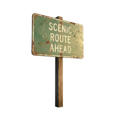 Weathered Green Scenic Route Ahead Sign On Wooden Post With Distressed Metal Accents