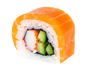 Delicious Salmon Sushi Roll with Crab and Cucumber.