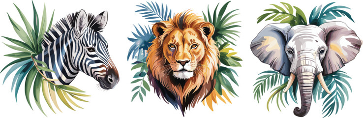 Colorful Watercolor Safari Animal Portraits Set: Featuring Zebra, Lion and Elephant Heads with Tropical Leaves