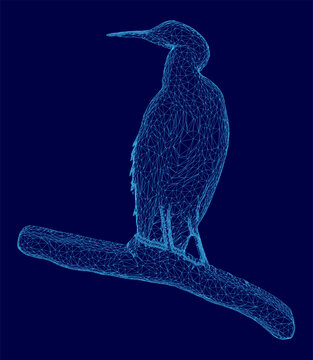 A wireframe heron, or bagula, perches on a tree branch against a dark blue background. This intricate digital illustration features a geometric and transparent bird design.