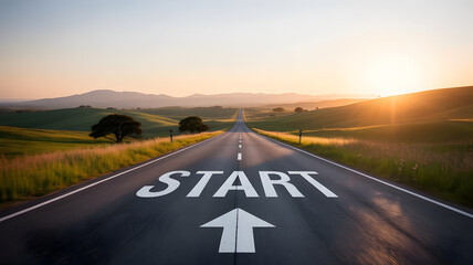 A scenic road leading to a bright future with a start sign at the beginning
