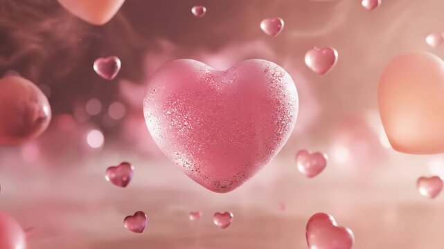 Animated pink hearts floating in slow motion. Romantic 3D glossy shapes for Valentine's Day. Love and celebration background