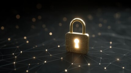 Golden padlock with illuminated keyhole on a dark network background representing security, protection, privacy, and technology in a digital world