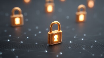 Digital security concept with golden padlocks symbolizing data protection and network security in an interconnected system of glowing nodes