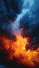 Fototapeta premium Dramatic sky with dark, ominous clouds meeting vibrant orange clouds, creating a visual spectacle of nature's power and beauty.