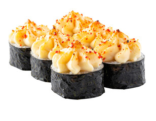 Delicious Baked Sushi Rolls with Creamy Topping and Roe.