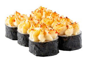 Delicious Baked Sushi Rolls with Creamy Topping and Roe.