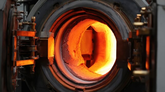 Medium shot focusing on the interior of a gasfired homogenizing oven with visible heat distribution systems ensuring even treatment of metal ingots to optimize microstructure.