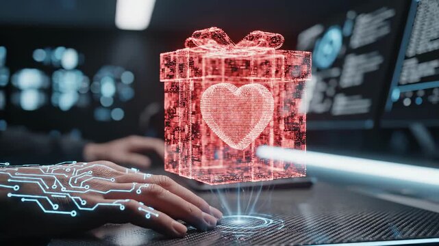 Hand with digital circuit touches interface creating a holographic gift. A glowing red heart appears inside the box. Futuristic Valentine's Day technology concept