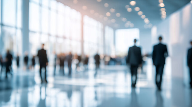 Abstract blurred background of business people moving through a modern corporate lobby, representing professional activity and urban life in a bustling environment