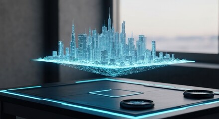 Futuristic city hologram floats above a sleek, dark platform, showcasing advanced technology in a minimalist setting