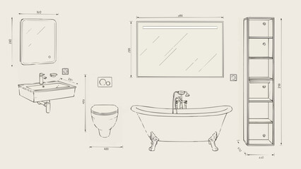 Bathroom Fixtures Blueprint Design Elements.