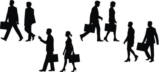 Professional Black Business People Silhouette Set: Featuring Men and Women Walking with Briefcases Graphic Designs
