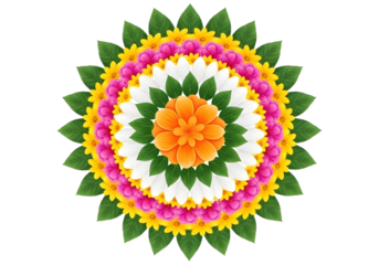 Vibrant floral rangoli design with green leaves and colorful flowers isolated on transparent background