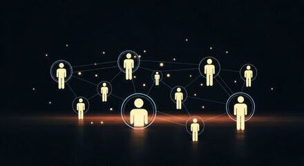 Glowing human figures interconnected by lines on a dark background, representing a network
