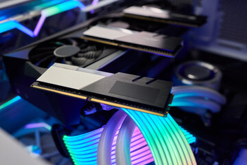 Elegant gaming hardware, High-performance RAM with cooling system, Premium illuminated memory...