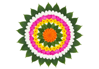 Vibrant floral rangoli design with green leaves and colorful flowers isolated on transparent background