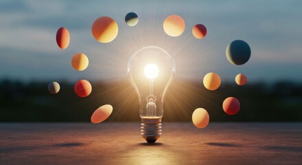 Glowing lightbulb on table, colorful orbs orbit, twilight sky backdrop