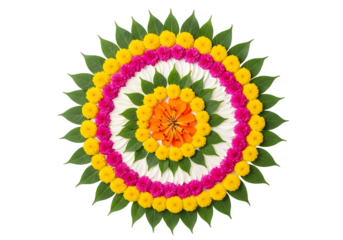 Vibrant floral rangoli design with green leaves and colorful flowers isolated on transparent background