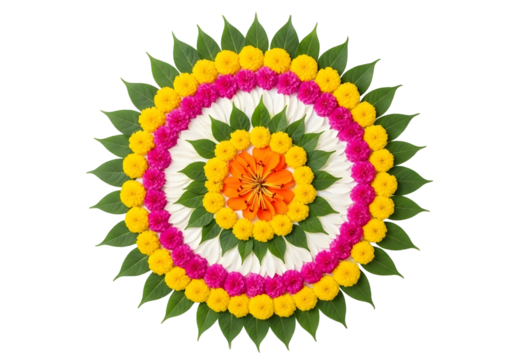 Vibrant floral rangoli design with green leaves and colorful flowers isolated on transparent background - Powered by Adobe