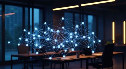 Glowing network nodes and lines hover over a modern, dimly lit office space