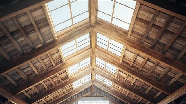 Rustic wooden ceiling with skylights in modern barn