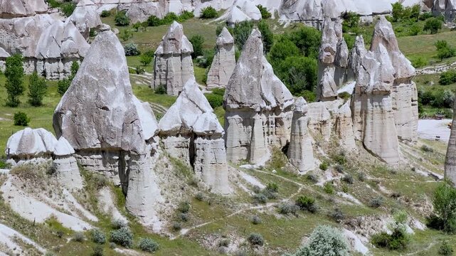 The Valley of Love in Goreme National Park. Unique rocks of various shapes. Sandstone cliffs. The wonders of Cappadocia are rock formations. The unusual shapes of the rocks are the property of Turkey.