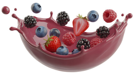 Fresh fruits splashing out of a bowl with berries and strawberries in a 3D rendered image with vibrant colors and realistic details on a transparent background PNG