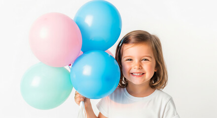 Naklejka premium Indoor portrait of little braided girl holding balloon animals, wearing casual clothes, isolated over gray background, playful celebration