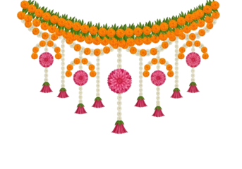 Vibrant indian wedding decoration with pink flowers and orange beads on green leaves