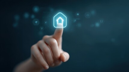 User Interface Interaction with Virtual House Icon on Digital Display for Modern Technology Concepts and Home Automation Interface