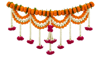 Vibrant orange and green flower garland with hanging decorations isolated on white background
