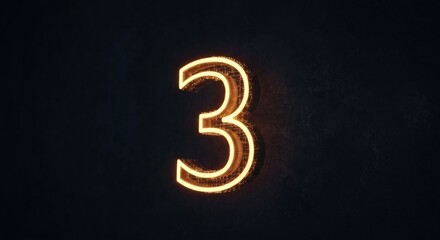 Glowing orange neon number three on dark background