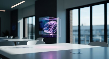Holographic brain model floats above a modern conference table in a bright, minimalist office