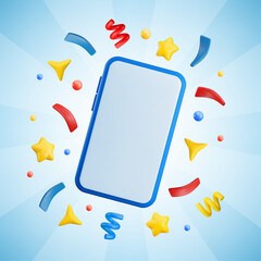 Vector cartoon 3d festive smartphone banner. Cute mobile phone mockup with confetti, sparkles, star on sunburst striped blue background. Realistic 3d render illustration winner, congratulation concept
