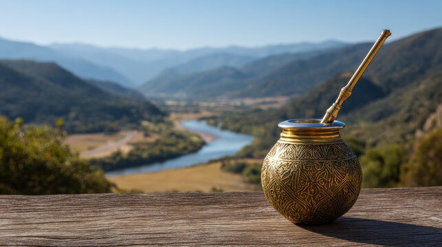 Golden yerba mate gourd with a straw, ornate detailed pattern, set against scenic mountain landscape with river view